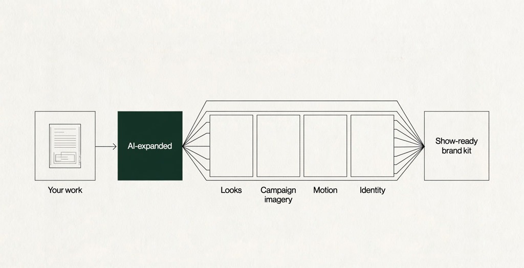 Your work flows through AI expansion into looks, campaign imagery, motion, and identity — a show-ready brand kit.