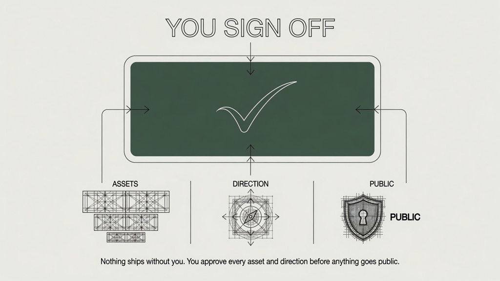 You sign off on assets and direction before anything goes public.