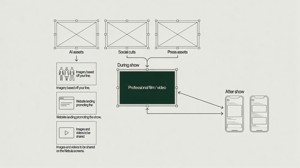 AI assets, social cuts, and press assets feed professional film during the show and land on your phone after.