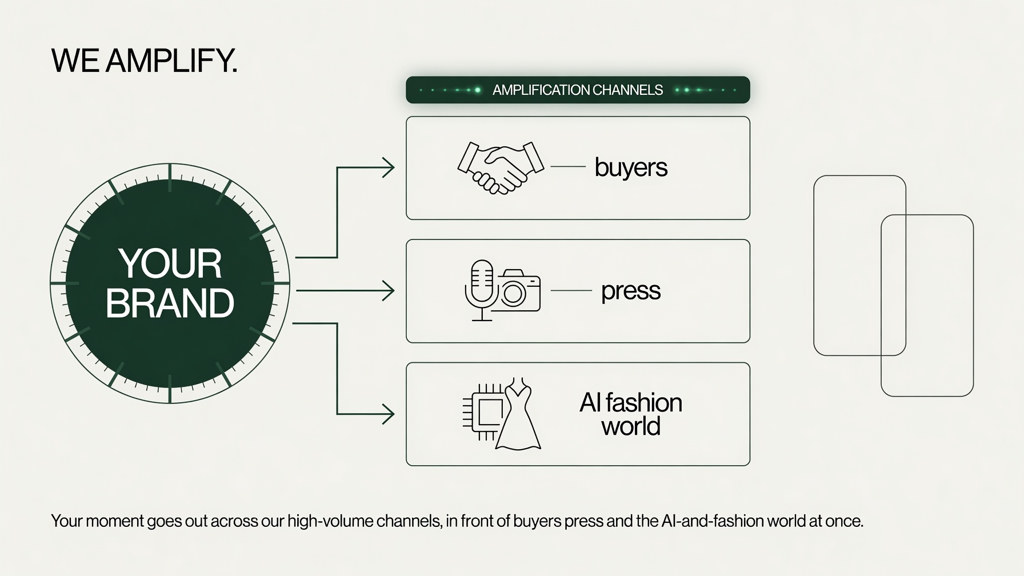 Your brand reaches buyers, press, and the AI fashion world across high-volume amplification channels.