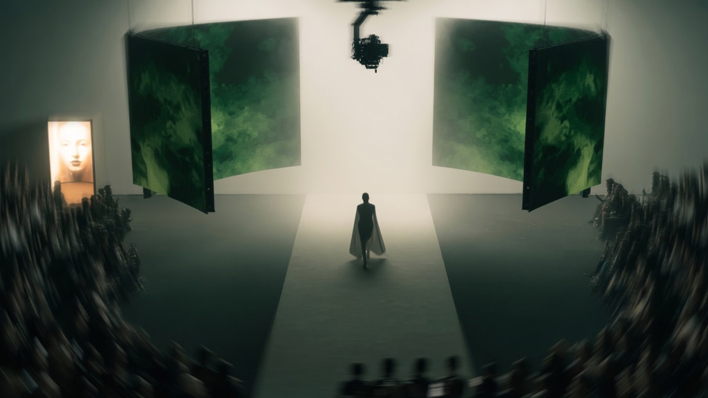 NEXUS runway with LED walls, drone capture, and AI portrait display.